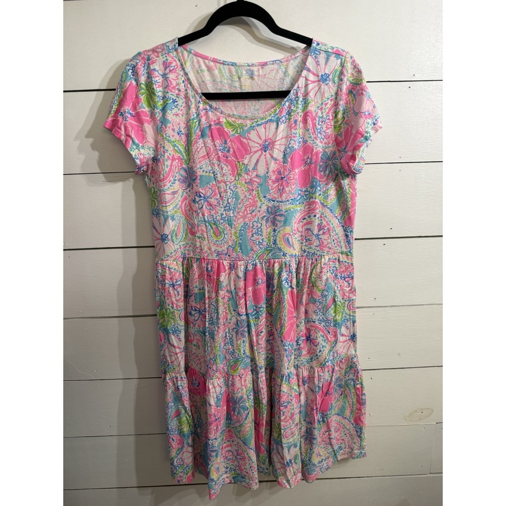 Lilly Pulitzer Geanna‎ Short Sleeve Flock Full of Fun Dress Size Medium Pink